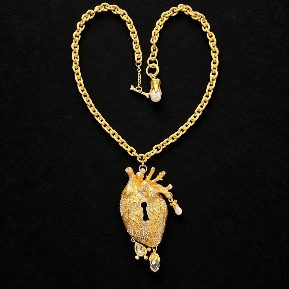 Gold-tone anatomical heart pendant necklace with keyhole cutout, clear sparkling accents and dangling charms