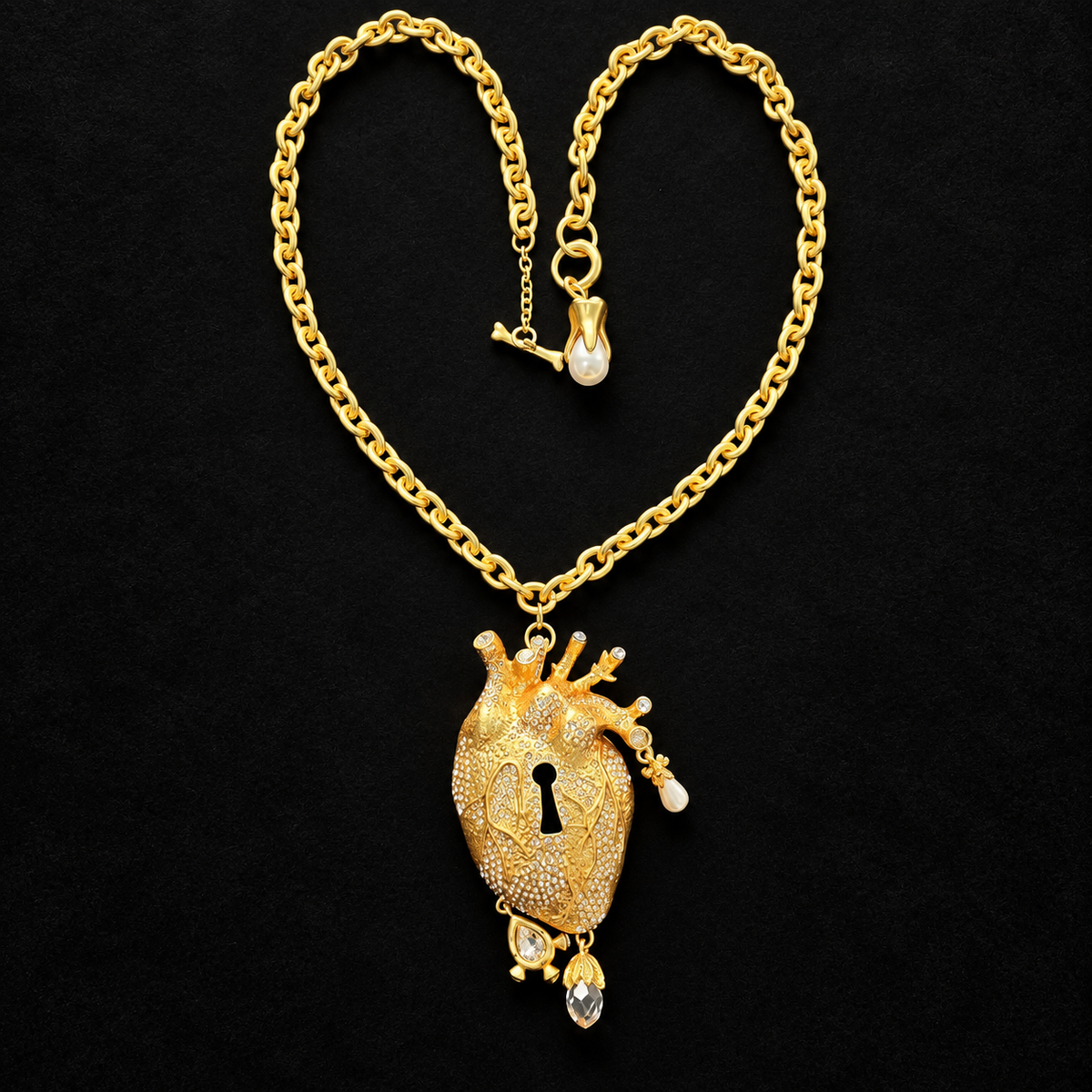 Gold-tone anatomical heart pendant necklace with keyhole cutout, clear sparkling accents and dangling charms