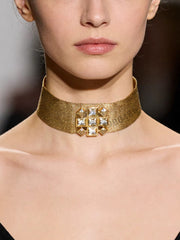 Gold-tone mesh square-stone choker shown worn around the neck