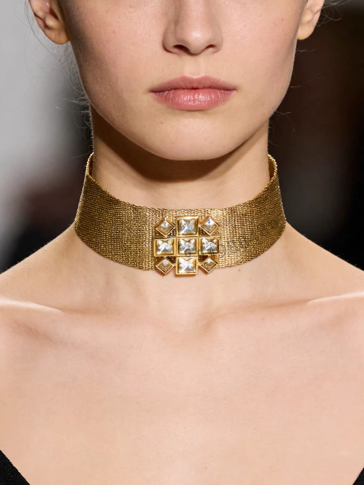 Gold-tone mesh square-stone choker shown worn around the neck
