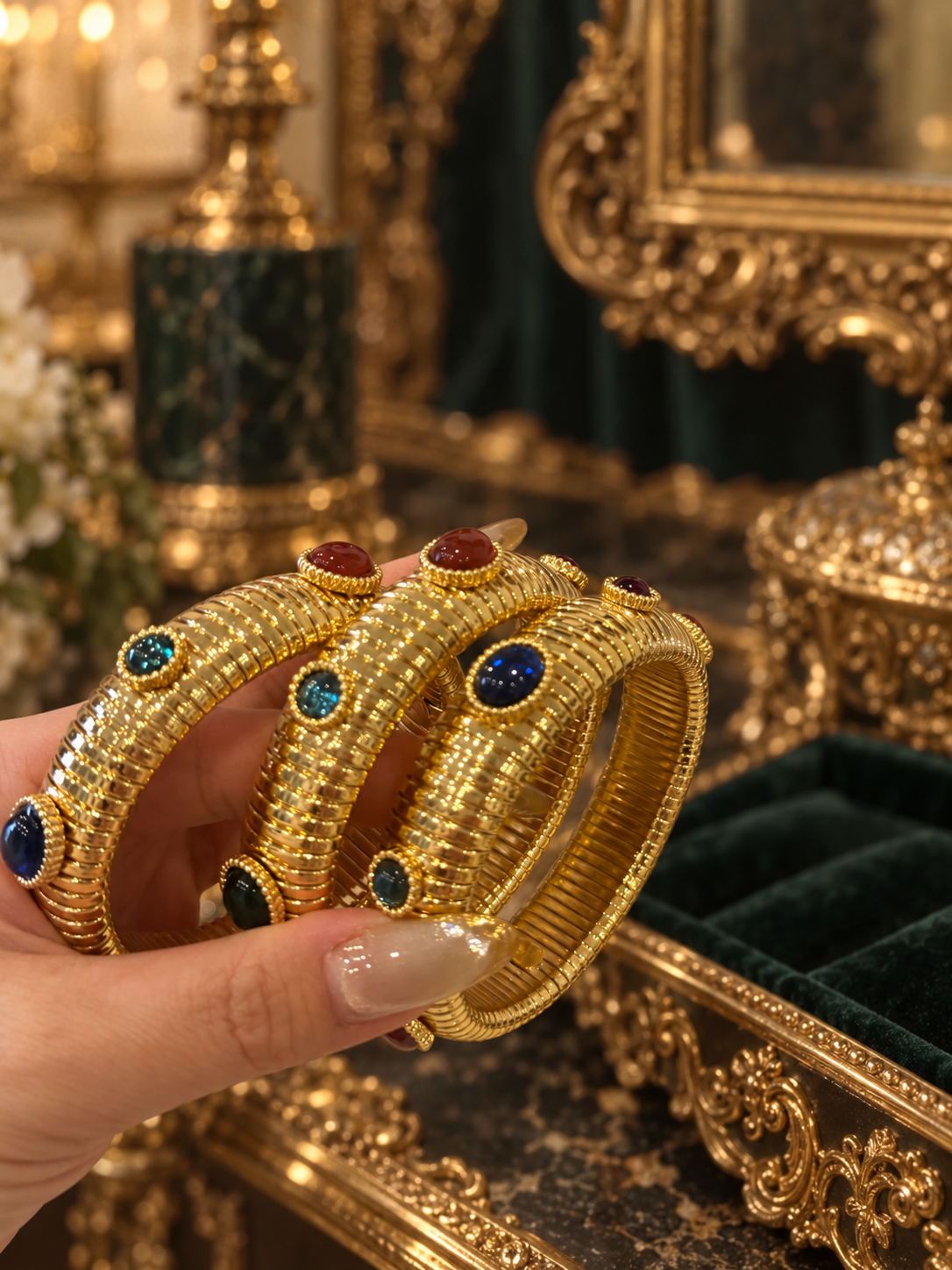 Hand-held view of gold-tone multicolor glass stretch bangles showing ribbed detail; sold individually