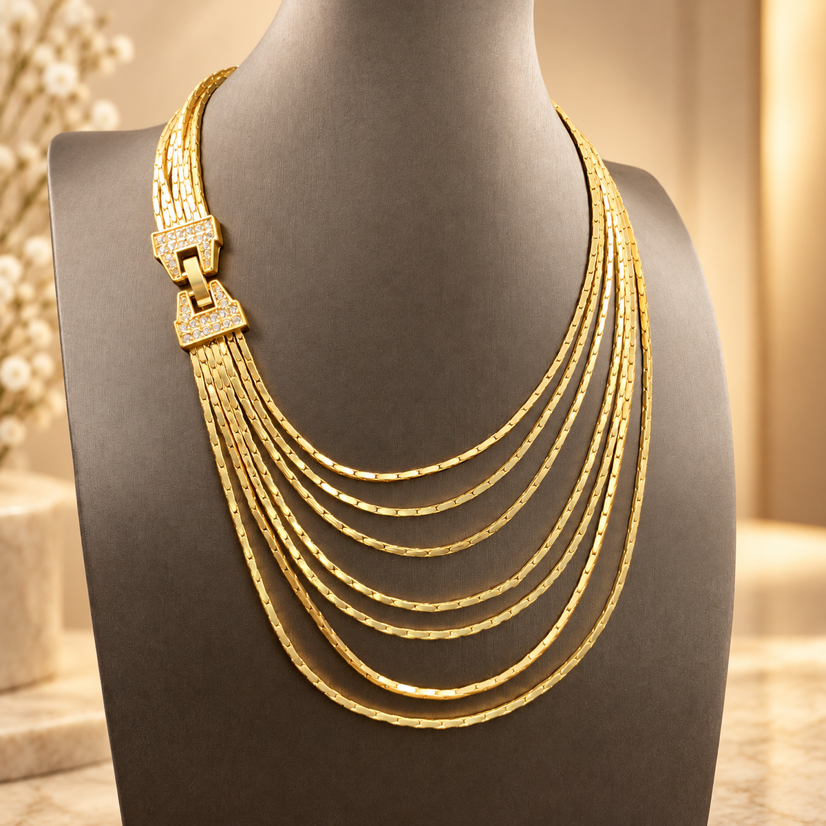 Gold-tone multi-strand chain necklace displayed on a bust with clear stone accents at the side