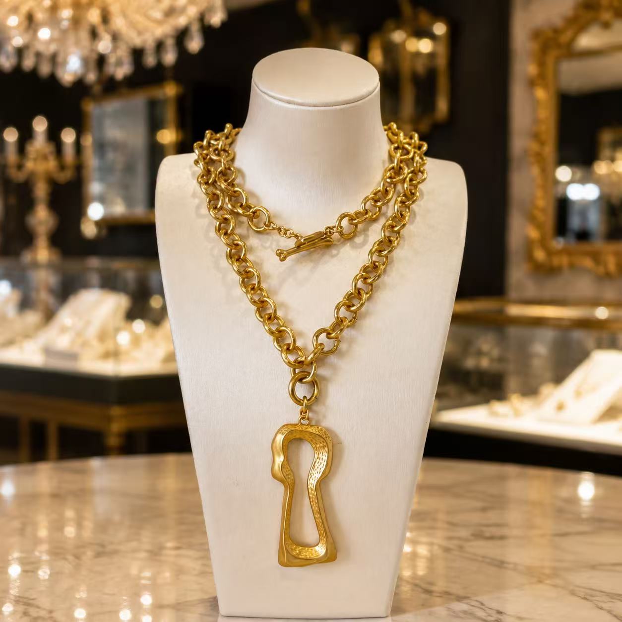 Gold-tone interchangeable keyhole pendant statement necklace displayed on a necklace bust