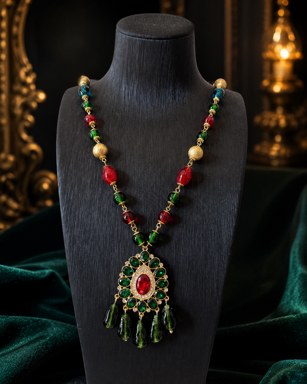 Gold-tone multicolor glass pendant necklace displayed on a black jewelry bust