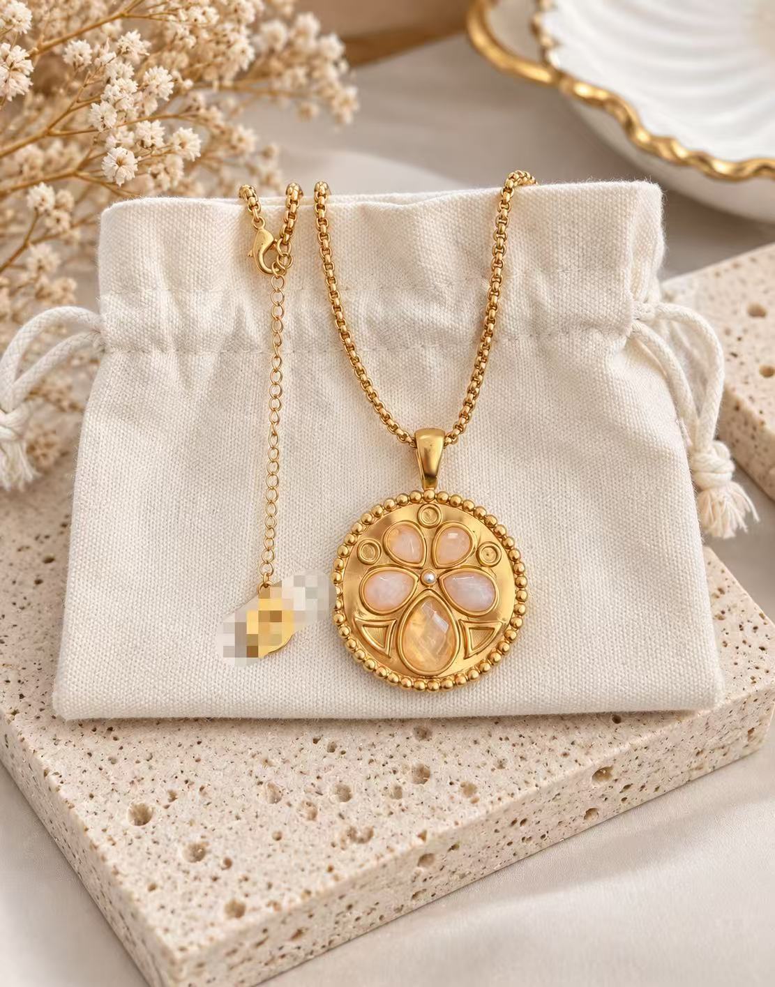 24K gold-plated medallion pendant necklace with peach-pink teardrop accents and a beaded border displayed on a cream pouch