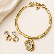 Clear Gold sculptural collar necklace and matching stud earrings set