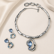 Ice Blue Silver sculptural collar necklace and matching stud earrings set