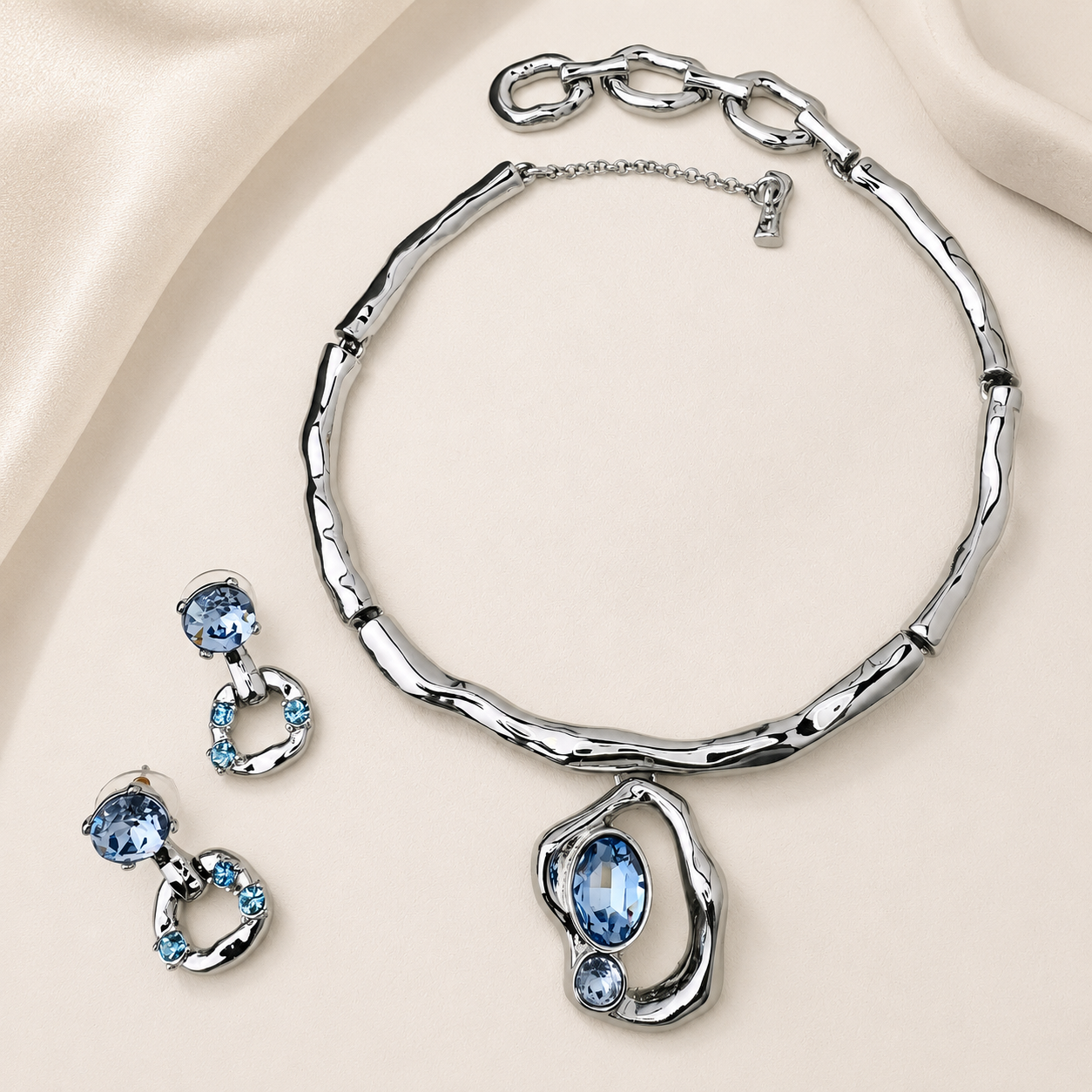 Ice Blue Silver sculptural collar necklace and matching stud earrings set