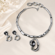 Black Silver sculptural collar necklace and matching stud earrings set