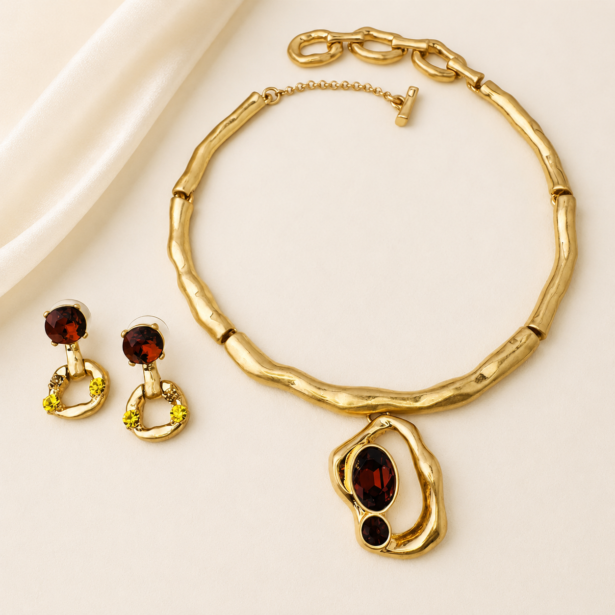Deep Red Gold sculptural collar necklace and matching stud earrings set