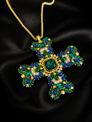 Front detail of green and blue glass cross brooch pendant necklace