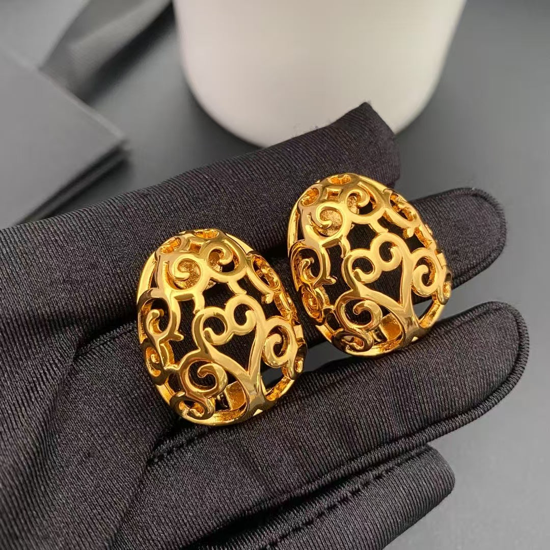 Close-up of the matching oval openwork clip-on earrings with scroll motifs
