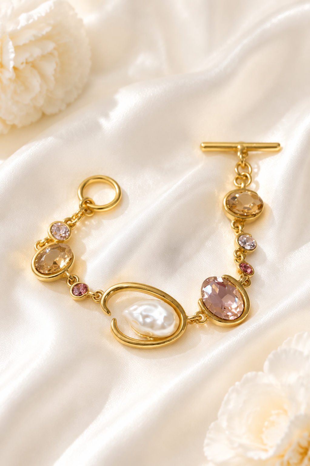 Baroque-inspired light pink rhinestone-style bracelet on cream satin