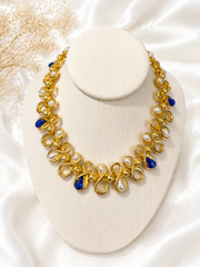 Gold-tone blue pearl-style heavy statement necklace worn display view