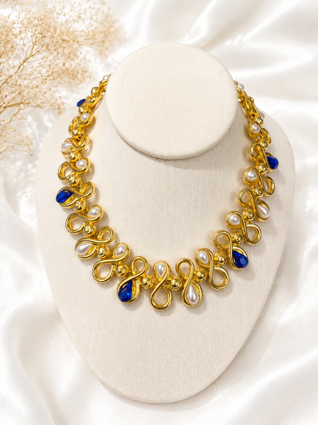 Gold-tone blue pearl-style heavy statement necklace worn display view