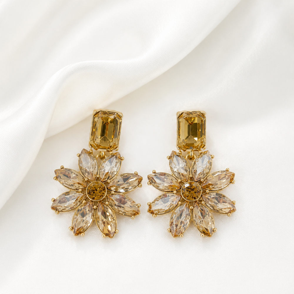 Champagne crystal-style flower statement earrings with gold-tone settings