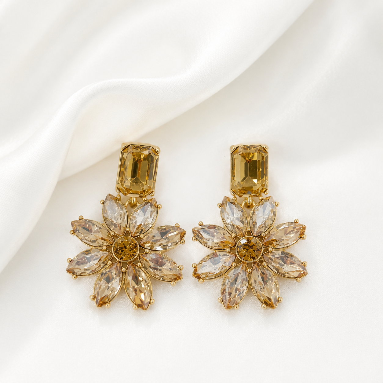 Champagne crystal-style flower statement earrings with gold-tone settings