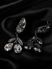 Clear crystal-style drop earrings with faceted accents, front and back view