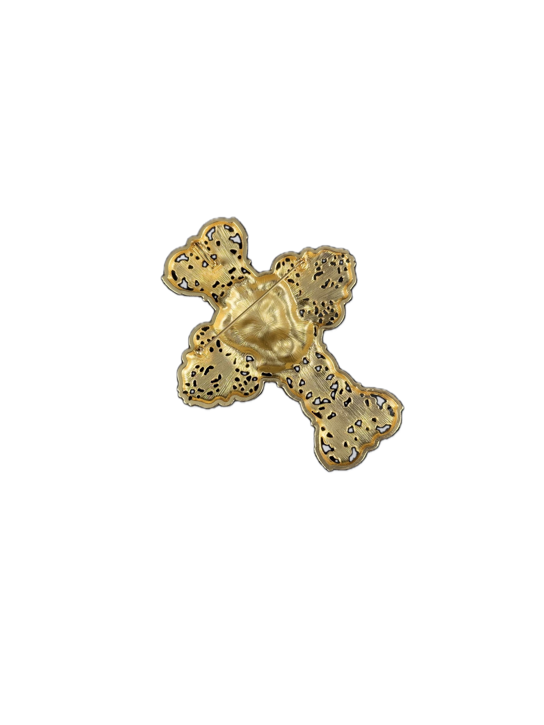 Gold-Tone Ornate Cross Brooch Pendant with Red and Blue Accents