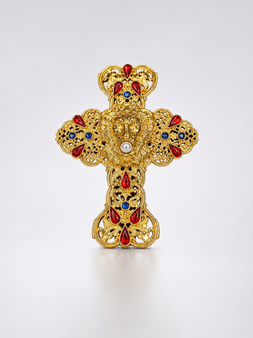 Gold-Tone Ornate Cross Brooch Pendant with Red and Blue Accents