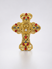 Gold-Tone Ornate Cross Brooch Pendant with Red and Blue Accents