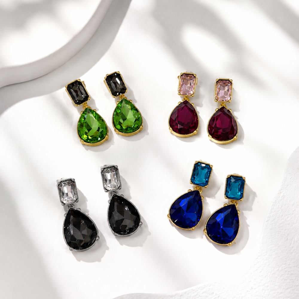 Four colorways of crystal-style teardrop drop stud earrings