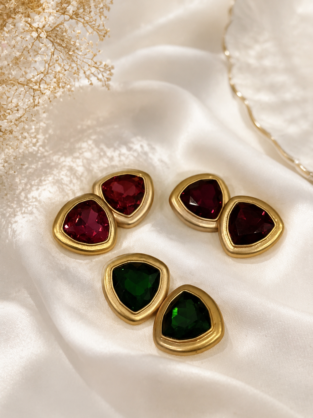 Gold-tone diamond-shape rhinestone-style clip-on earrings red and green color options front view