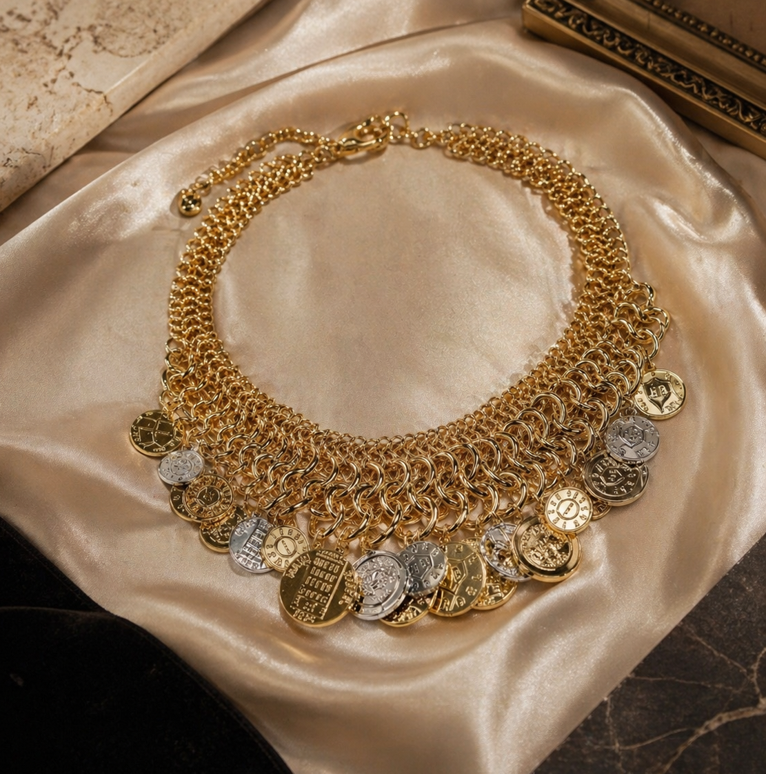Vintage Gold Medallion Chain Statement Necklace
