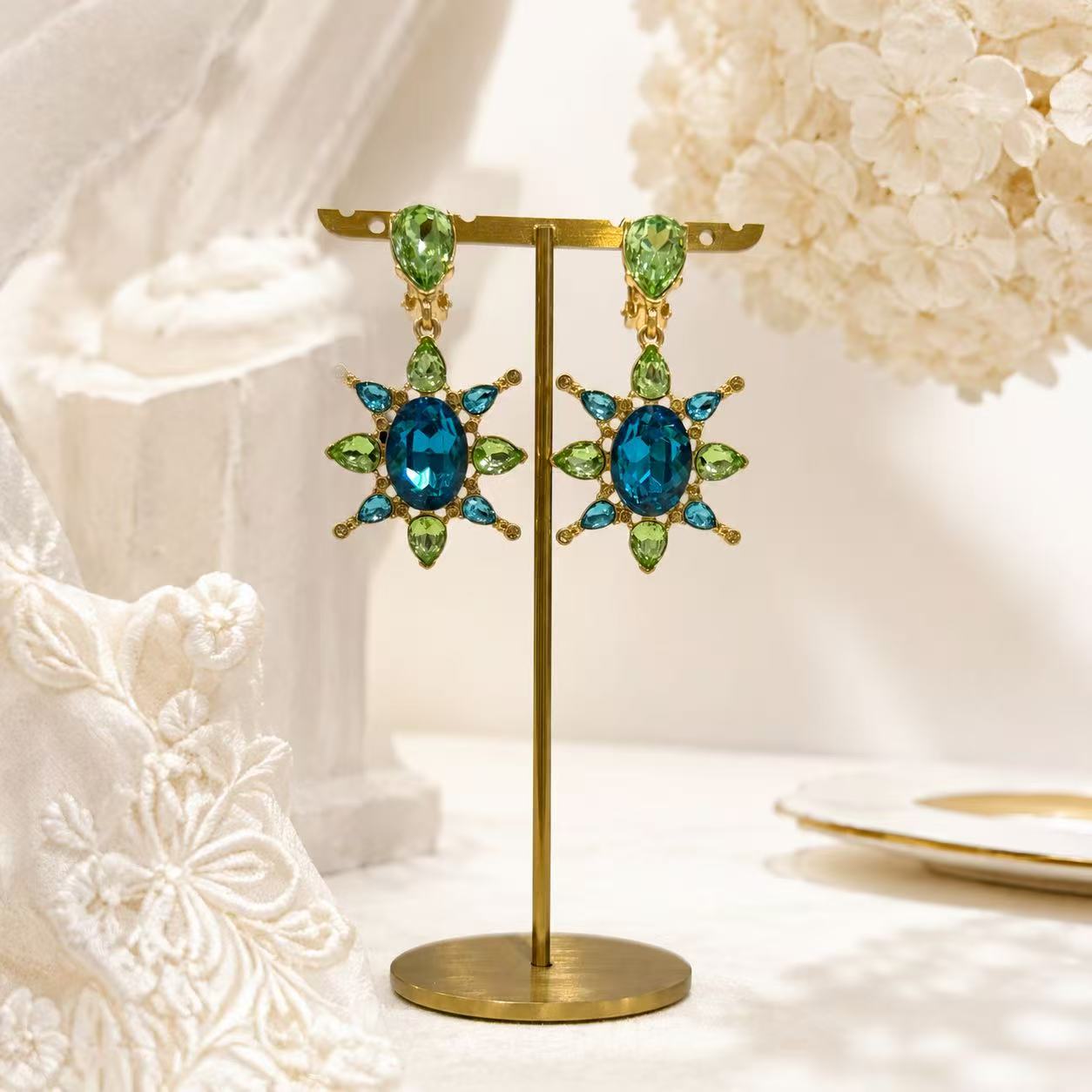 Blue-green elegant evening sparkle clip-on earrings