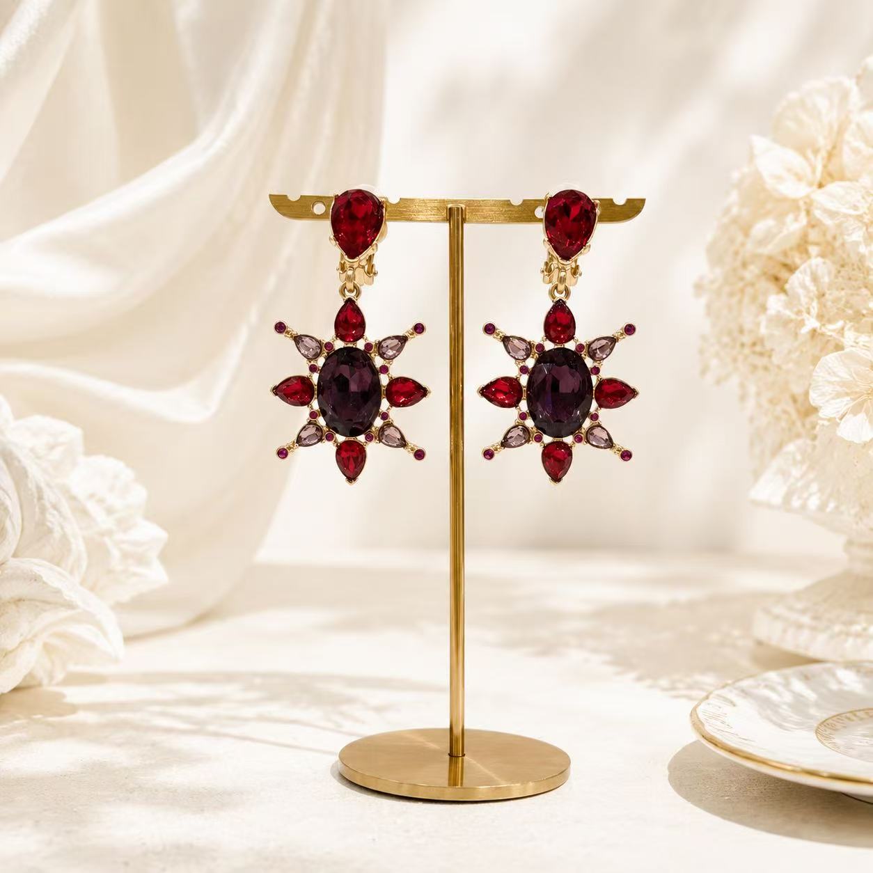Burgundy elegant evening sparkle clip-on earrings