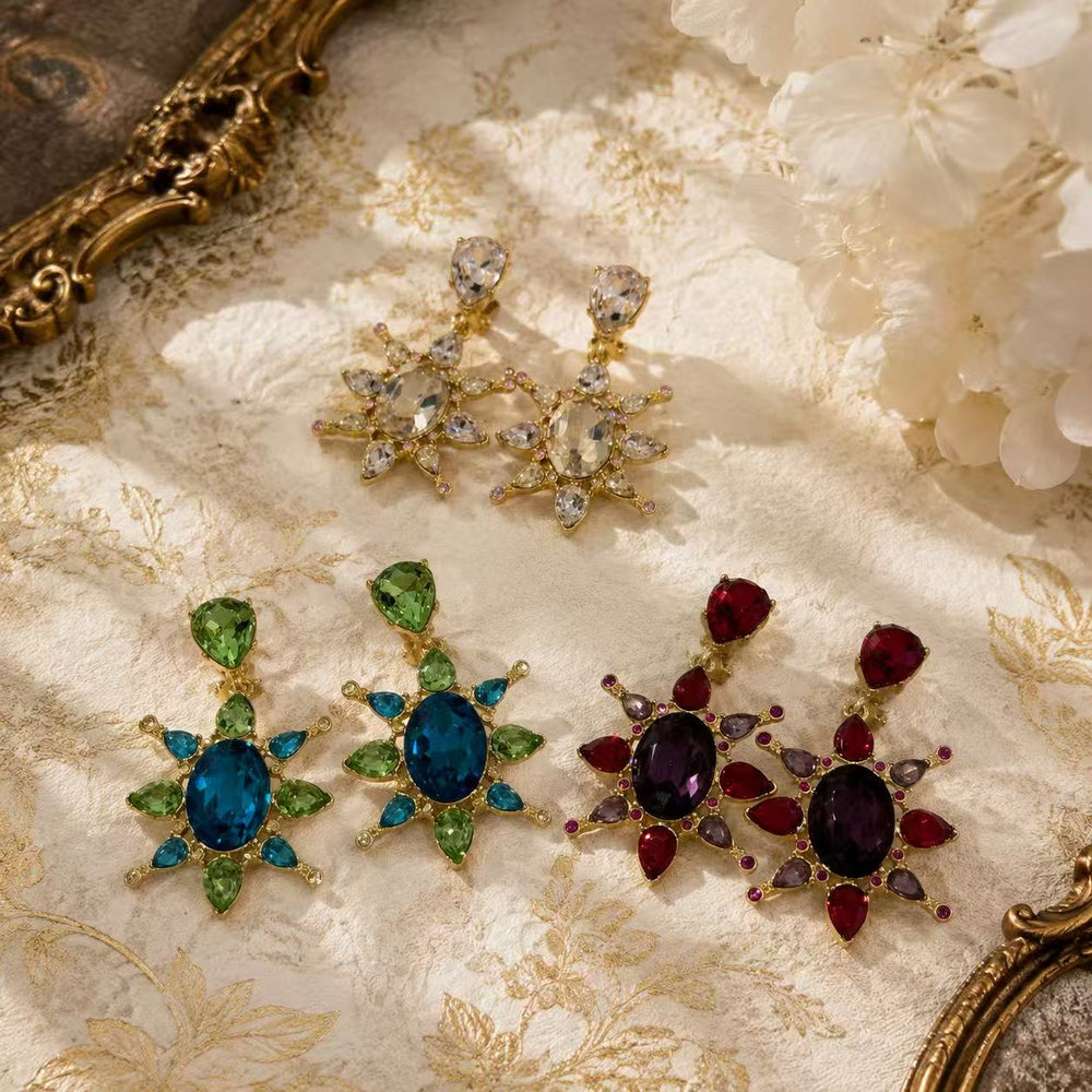 Elegant evening sparkle clip-on earrings in blue-green, burgundy, and pink champagne colorways