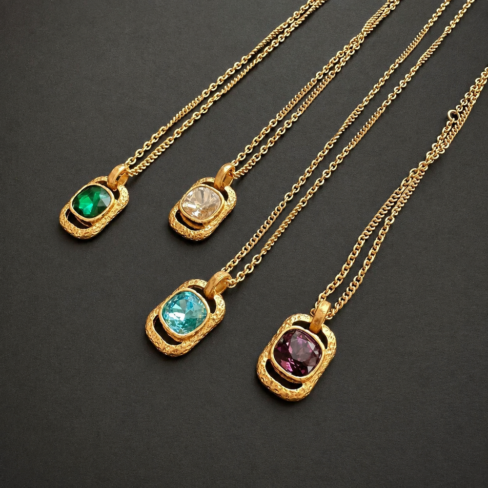 Faceted glass cube pendant necklace in four color options, product overview
