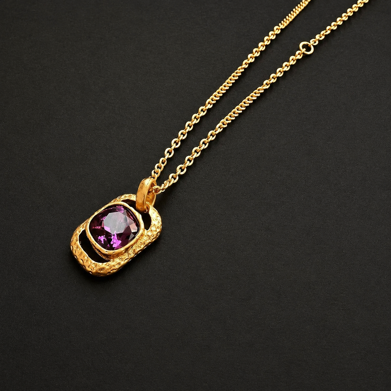 Purple faceted glass cube pendant necklace, close view
