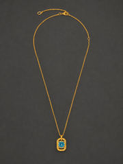 Teal blue faceted glass cube pendant necklace, full view