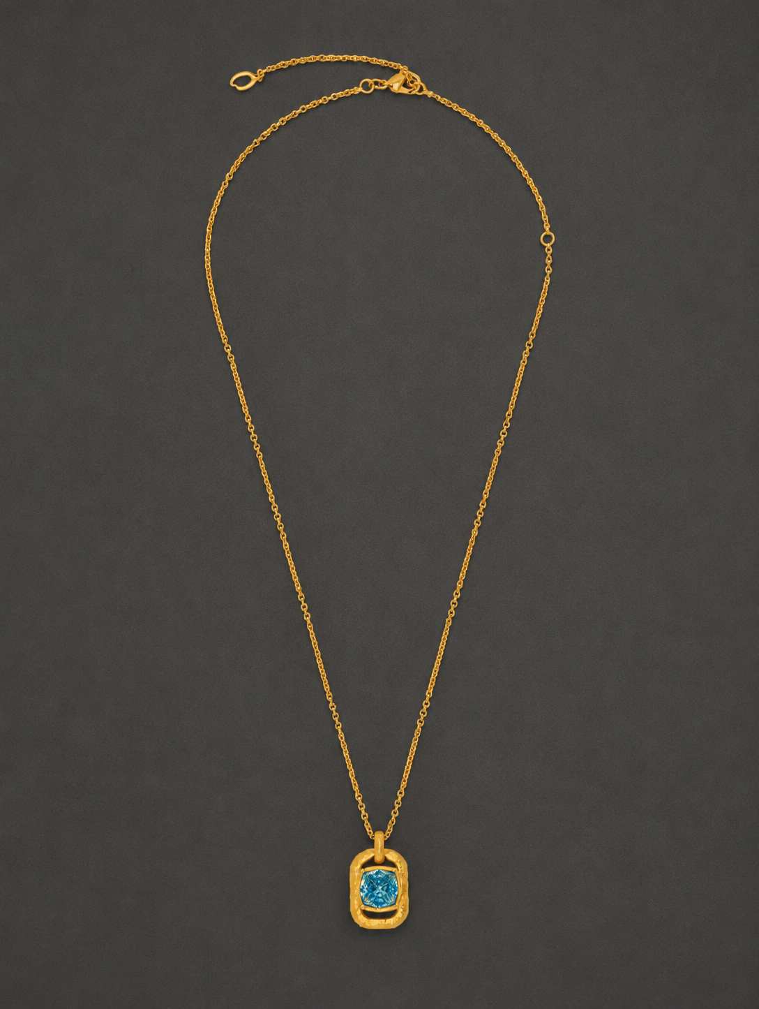 Teal blue faceted glass cube pendant necklace, full view