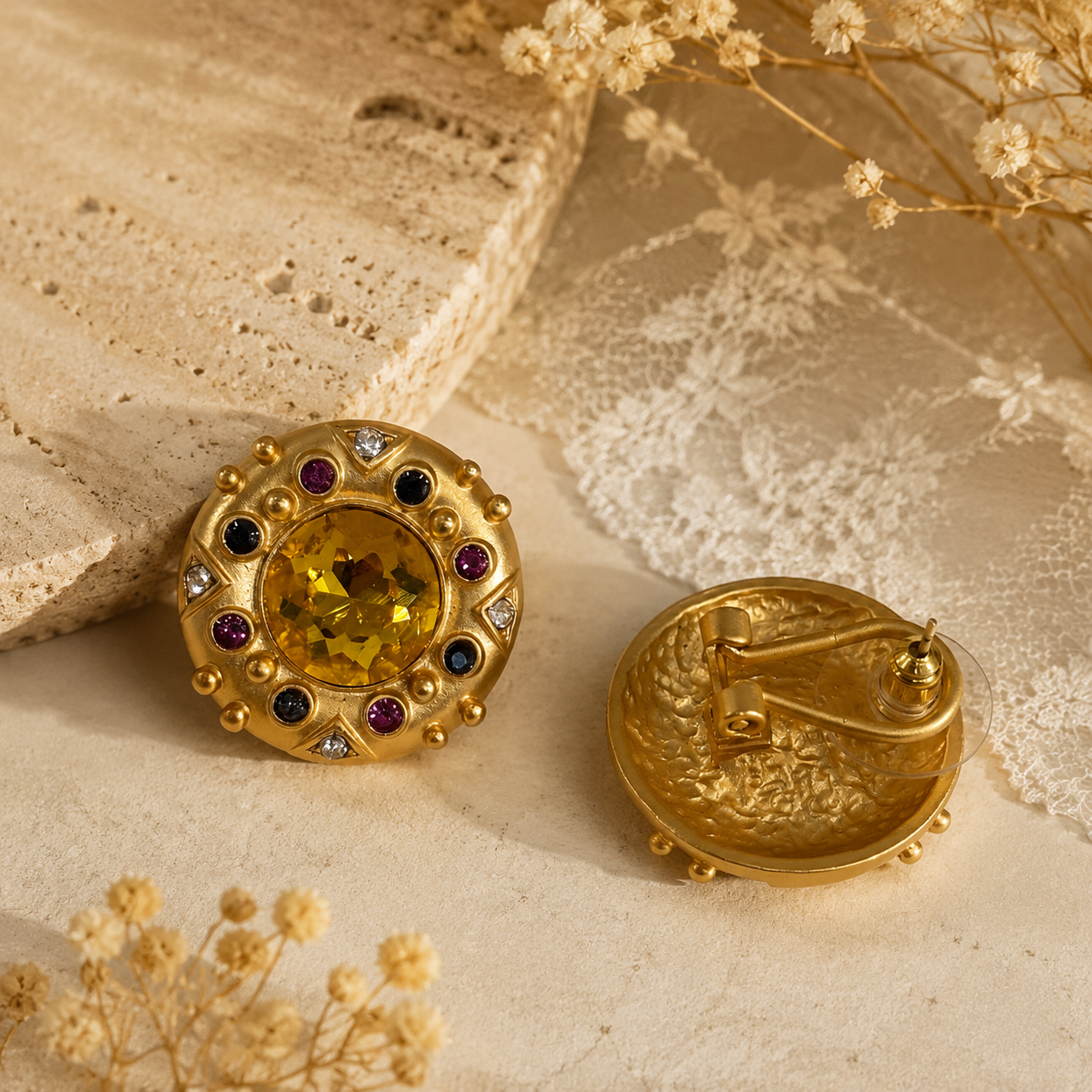 Gold-tone amber-yellow crystal-style statement stud earrings front and post-back views