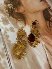 Gold-tone Barbie pink red crystal-style teardrop stud earrings back detail