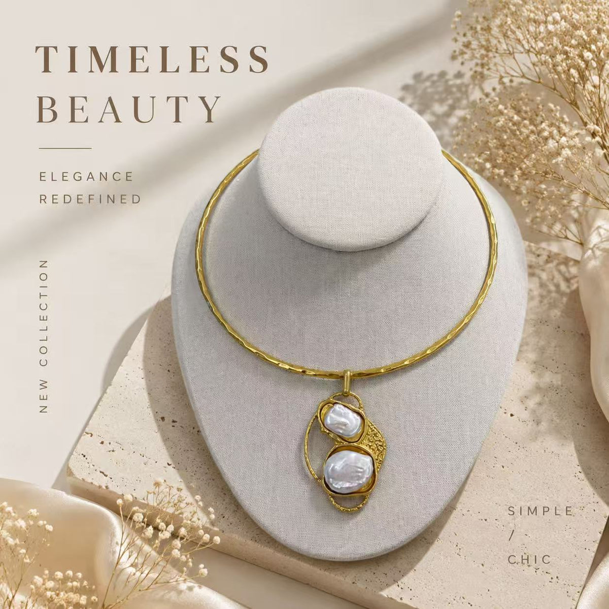 Gold-tone baroque pearl-style pendant choker necklace displayed on a bust