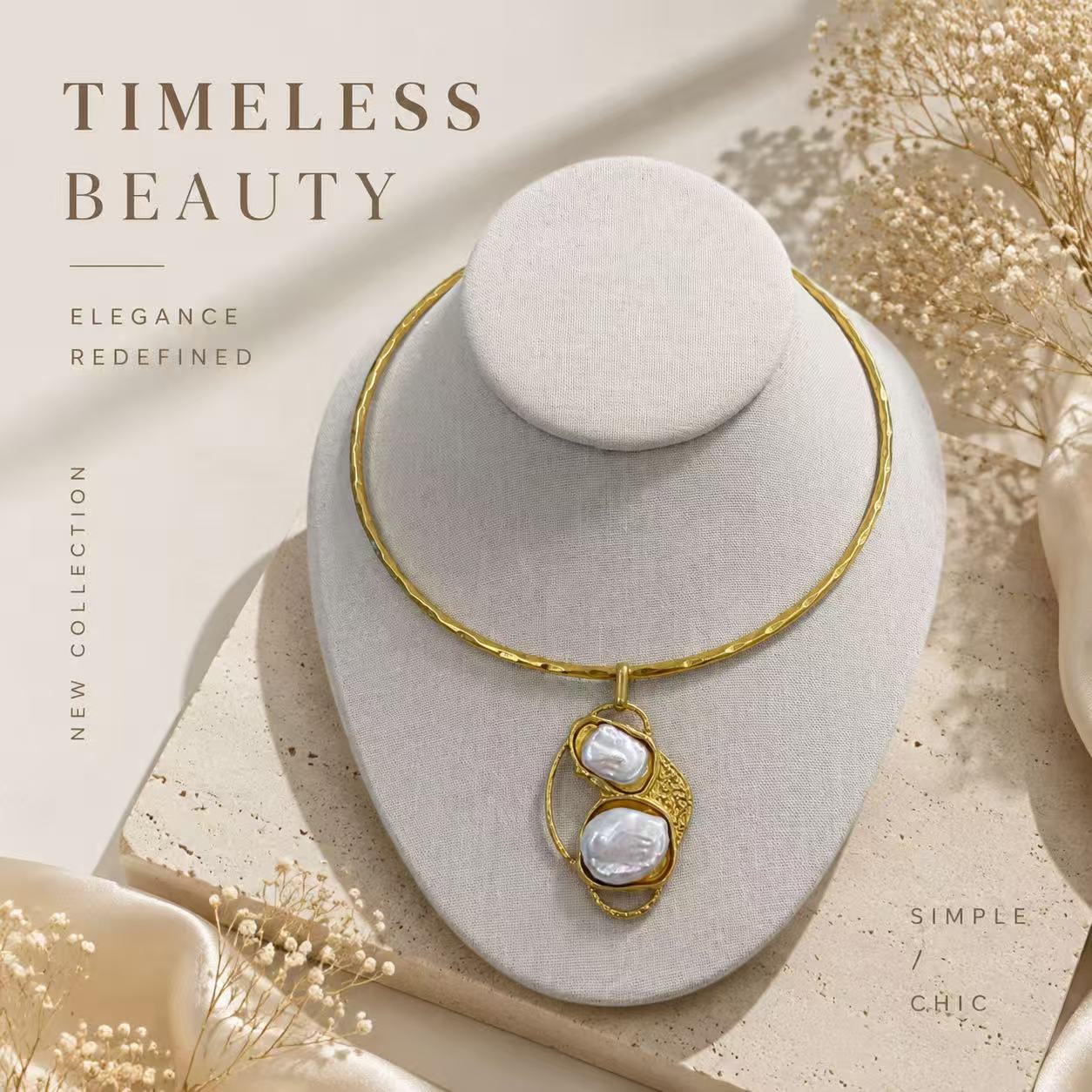 Gold-tone baroque pearl-style pendant choker necklace displayed on a bust