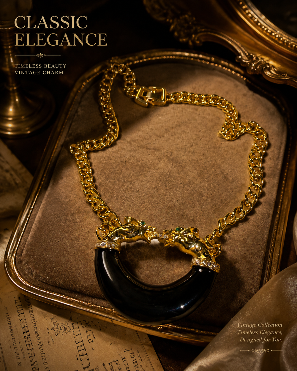 Gold-tone black enamel-style statement necklace with chain and sculptural horse accent front view
