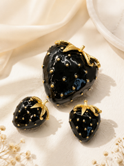 Gold-tone black enamel-style strawberry brooch and stud earrings set