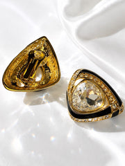 Gold-tone black glass triangle clip-on earrings back view with clip hardware