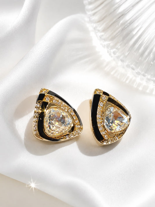 Gold-tone black glass triangle clip-on earrings front view