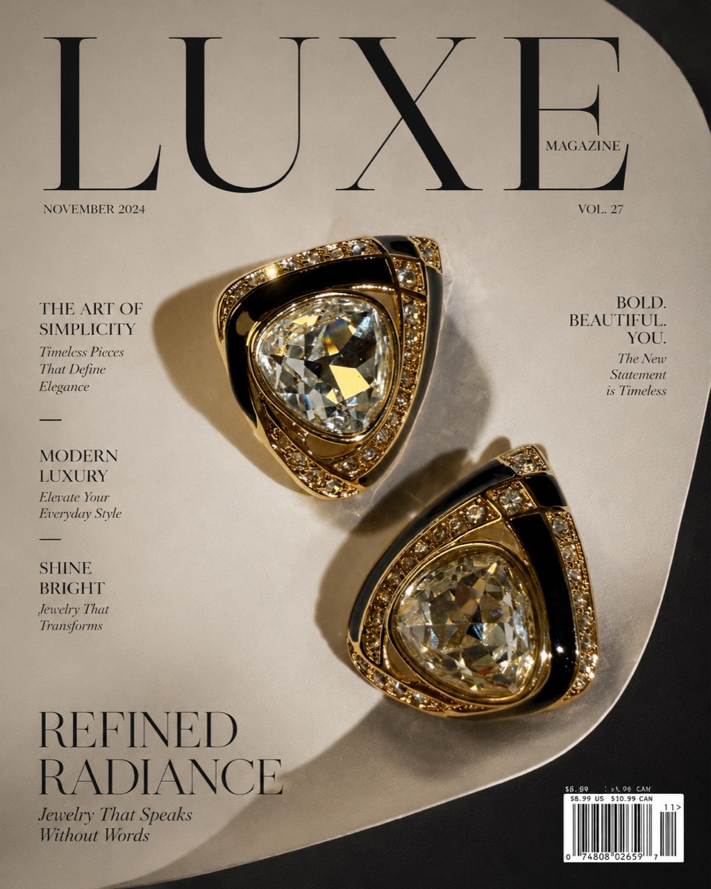 Gold-tone black glass triangle clip-on earrings styled on magazine page