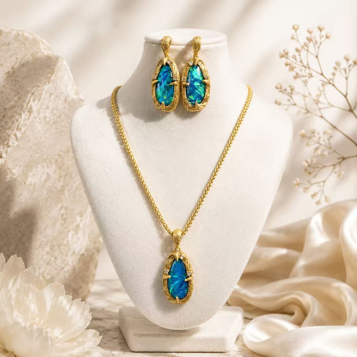 Gold-tone blue-green iridescent stone-style necklace and stud earrings set on a bust
