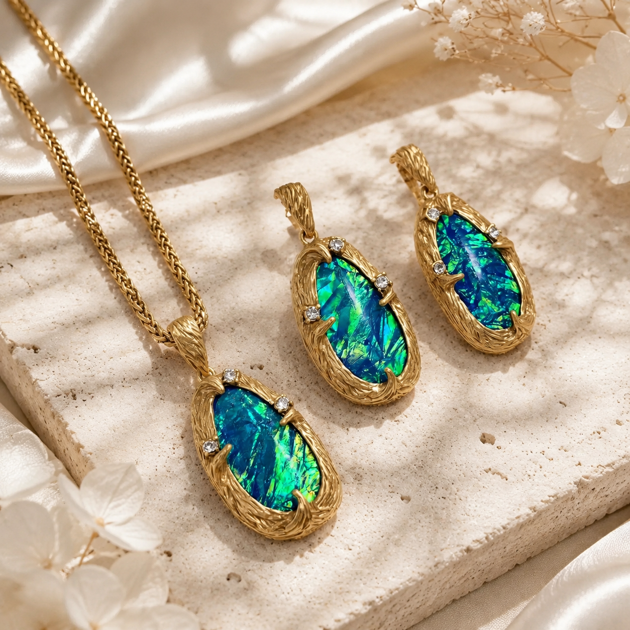 Gold-tone blue-green iridescent stone-style necklace and stud earrings set flat lay