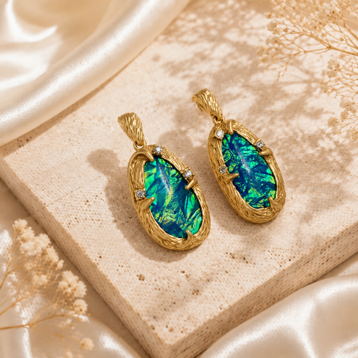 Gold-tone blue-green iridescent stone-style stud earrings and pendant necklace detail