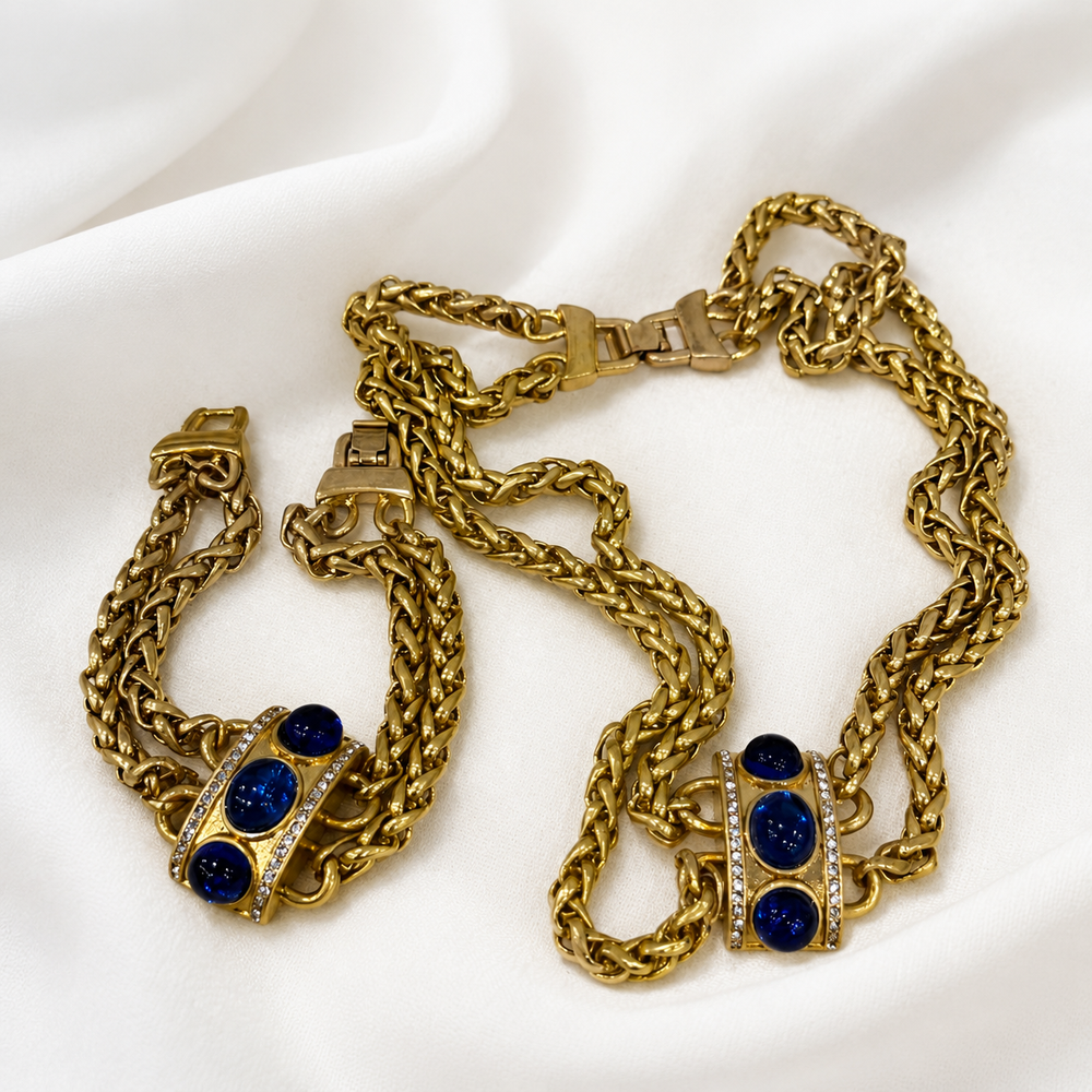 Gold-tone blue stone-style chain necklace and bracelet set