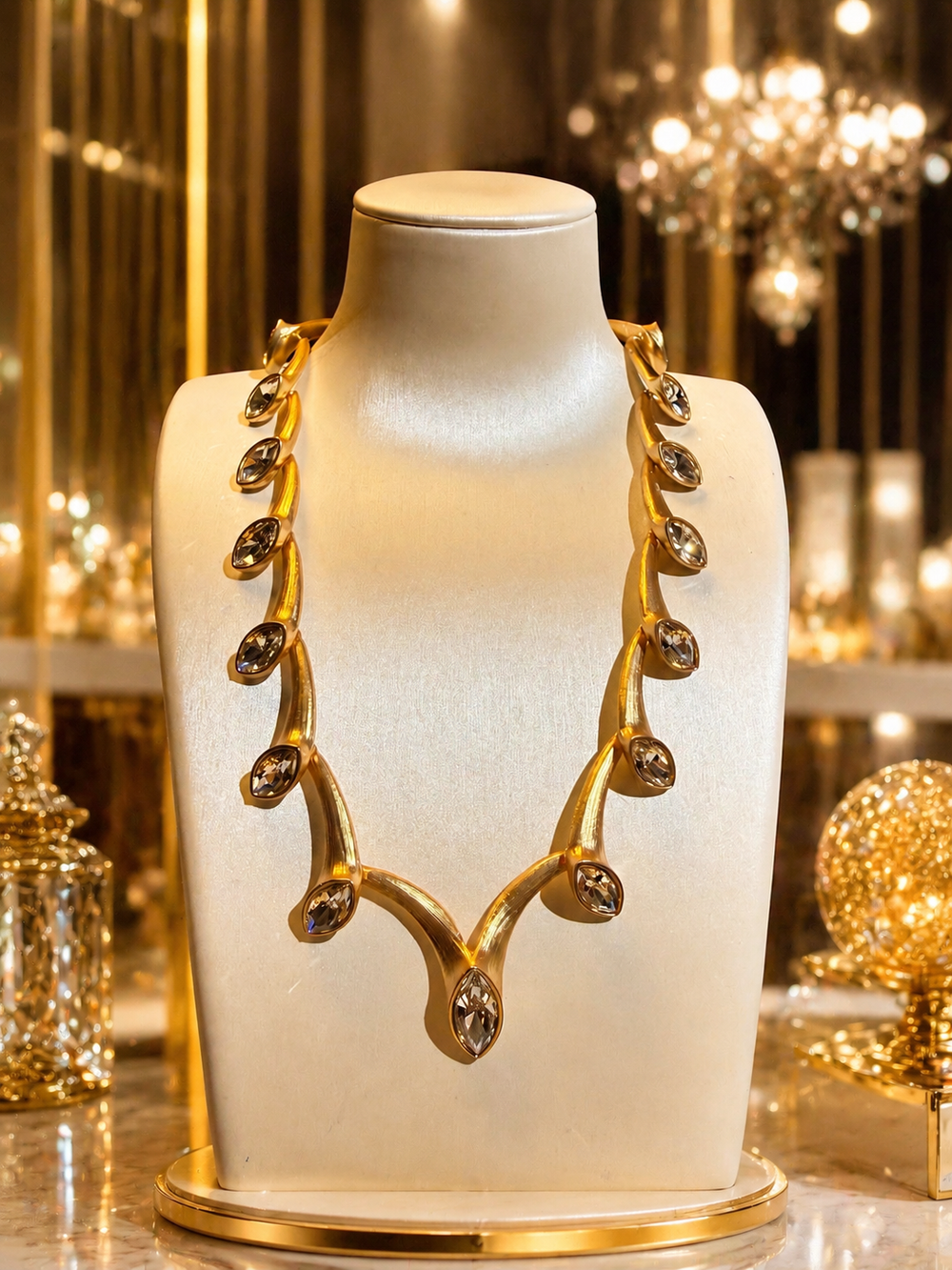 Gold-tone clear crystal-style statement necklace front view on display bust
