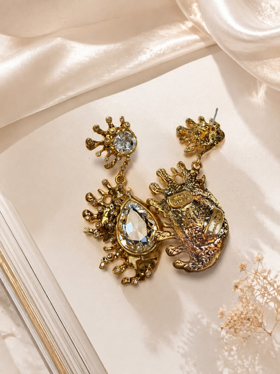 Gold-tone clear rhinestone-style teardrop stud earrings back detail